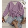 imageZESICA Womens Fall 2025 Wrap V Neck Long Batwing Sleeve Belted Waist Ruffle Knitted Sweater Pullover TopPurple