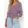 imageZESICA Womens Fall 2025 Wrap V Neck Long Batwing Sleeve Belted Waist Ruffle Knitted Sweater Pullover TopPurple