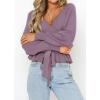 imageZESICA Womens Fall 2025 Wrap V Neck Long Batwing Sleeve Belted Waist Ruffle Knitted Sweater Pullover TopPurple