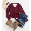 imageZESICA Womens Fall 2025 Wrap V Neck Long Batwing Sleeve Belted Waist Ruffle Knitted Sweater Pullover TopWine