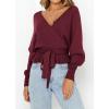 imageZESICA Womens Fall 2025 Wrap V Neck Long Batwing Sleeve Belted Waist Ruffle Knitted Sweater Pullover TopWine