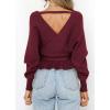 imageZESICA Womens Fall 2025 Wrap V Neck Long Batwing Sleeve Belted Waist Ruffle Knitted Sweater Pullover TopWine