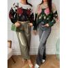 imageZESICA Womens Floral Oversized Sweaters 2025 Fall Crewneck Long Sleeve Casual Chunky Knit Pullover Sweater TopsBlack