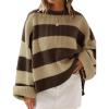imageZESICA Womens 2025 Fall Long Sleeve Oversized Striped Color Block Comfy Loose Crew Neck Knitted Pullover SweaterBrown