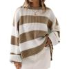 imageZESICA Womens 2025 Fall Long Sleeve Oversized Striped Color Block Comfy Loose Crew Neck Knitted Pullover SweaterLightkhaki