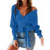 imageZESICA Womens Fall 2025 Wrap V Neck Long Batwing Sleeve Belted Waist Ruffle Knitted Sweater Pullover TopBrightblue