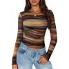 imageZESICA Womens Floral Mesh Going Out Tops Fall Long Sleeve Crewneck Slim Fit Ruched Y2k Shirts Beach Vacation OutfitsBrown