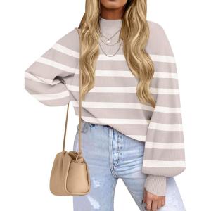 imageZESICA Womens 2025 Fall Fashion Turtleneck Long Sleeve Striped Ribbed Knit Loose Pullover Sweater TopsAlmond