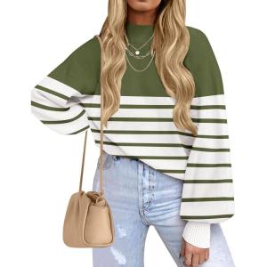 imageZESICA Womens 2025 Fall Fashion Turtleneck Long Sleeve Striped Ribbed Knit Loose Pullover Sweater TopsArmygreen