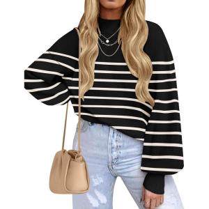 imageZESICA Womens 2025 Fall Fashion Turtleneck Long Sleeve Striped Ribbed Knit Loose Pullover Sweater TopsBlack