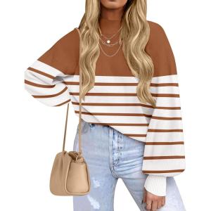 imageZESICA Womens 2025 Fall Fashion Turtleneck Long Sleeve Striped Ribbed Knit Loose Pullover Sweater TopsCaramel