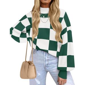 imageZESICA Womens 2025 Fall Fashion Turtleneck Long Sleeve Striped Ribbed Knit Loose Pullover Sweater TopsDarkgreenplaid