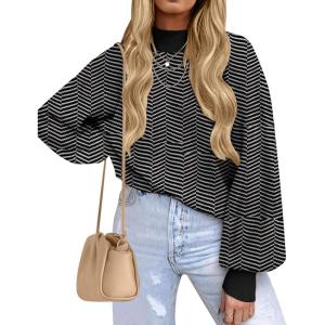 imageZESICA Womens 2025 Fall Fashion Turtleneck Long Sleeve Striped Ribbed Knit Loose Pullover Sweater TopsDim
