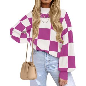 imageZESICA Womens 2025 Fall Fashion Turtleneck Long Sleeve Striped Ribbed Knit Loose Pullover Sweater TopsEggplant