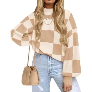 imageZESICA Womens 2025 Fall Fashion Turtleneck Long Sleeve Striped Ribbed Knit Loose Pullover Sweater TopsKhakiplaid