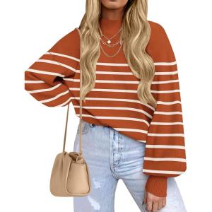 imageZESICA Womens 2025 Fall Fashion Turtleneck Long Sleeve Striped Ribbed Knit Loose Pullover Sweater TopsMaple