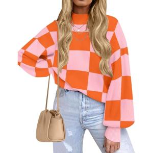 imageZESICA Womens 2025 Fall Fashion Turtleneck Long Sleeve Striped Ribbed Knit Loose Pullover Sweater TopsOrange