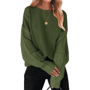 imageZESICA Womens 2025 Fall Long Sleeve Crew Neck Solid Color Cable Knit Chunky Casual Oversized Pullover Sweater TopsArmygreen