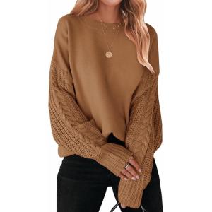 imageZESICA Womens 2025 Fall Long Sleeve Crew Neck Solid Color Cable Knit Chunky Casual Oversized Pullover Sweater TopsCamel