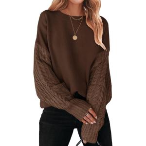 imageZESICA Womens 2025 Fall Long Sleeve Crew Neck Solid Color Cable Knit Chunky Casual Oversized Pullover Sweater TopsCoffee