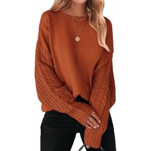 imageZESICA Womens 2025 Fall Long Sleeve Crew Neck Solid Color Cable Knit Chunky Casual Oversized Pullover Sweater TopsDeeporange