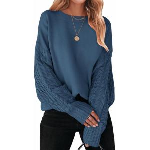 imageZESICA Womens 2025 Fall Long Sleeve Crew Neck Solid Color Cable Knit Chunky Casual Oversized Pullover Sweater TopsDustyblue