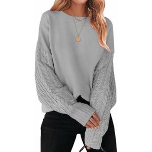 imageZESICA Womens 2025 Fall Long Sleeve Crew Neck Solid Color Cable Knit Chunky Casual Oversized Pullover Sweater TopsGrey
