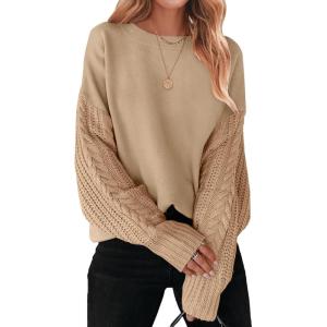 imageZESICA Womens 2025 Fall Long Sleeve Crew Neck Solid Color Cable Knit Chunky Casual Oversized Pullover Sweater TopsKhaki