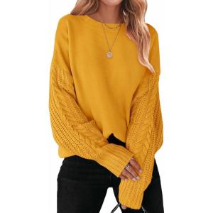 imageZESICA Womens 2025 Fall Long Sleeve Crew Neck Solid Color Cable Knit Chunky Casual Oversized Pullover Sweater TopsMustard