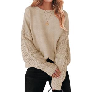 imageZESICA Womens 2025 Fall Long Sleeve Crew Neck Solid Color Cable Knit Chunky Casual Oversized Pullover Sweater TopsOatmeal