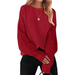 imageZESICA Womens 2025 Fall Long Sleeve Crew Neck Solid Color Cable Knit Chunky Casual Oversized Pullover Sweater TopsRed