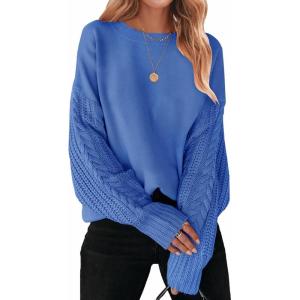 imageZESICA Womens 2025 Fall Long Sleeve Crew Neck Solid Color Cable Knit Chunky Casual Oversized Pullover Sweater TopsRoyalblue