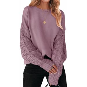 imageZESICA Womens 2025 Fall Long Sleeve Crew Neck Solid Color Cable Knit Chunky Casual Oversized Pullover Sweater TopsTaro