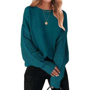 imageZESICA Womens 2025 Fall Long Sleeve Crew Neck Solid Color Cable Knit Chunky Casual Oversized Pullover Sweater TopsTeal