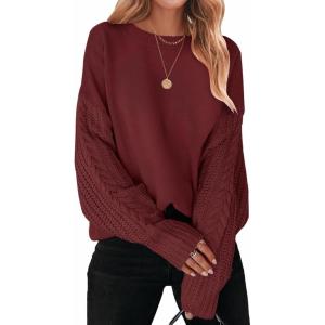 imageZESICA Womens 2025 Fall Long Sleeve Crew Neck Solid Color Cable Knit Chunky Casual Oversized Pullover Sweater TopsWine