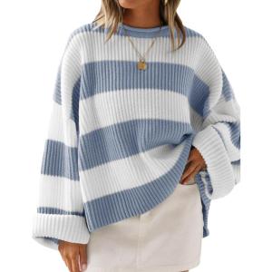 imageZESICA Womens 2025 Fall Long Sleeve Oversized Striped Color Block Comfy Loose Crew Neck Knitted Pullover SweaterBlue