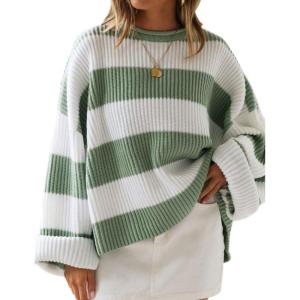 imageZESICA Womens 2025 Fall Long Sleeve Oversized Striped Color Block Comfy Loose Crew Neck Knitted Pullover SweaterGreen