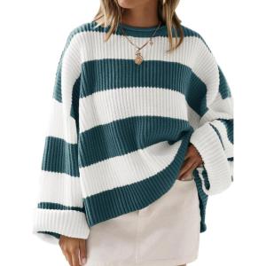 imageZESICA Womens 2025 Fall Long Sleeve Oversized Striped Color Block Comfy Loose Crew Neck Knitted Pullover SweaterGreygreen