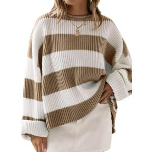 imageZESICA Womens 2025 Fall Long Sleeve Oversized Striped Color Block Comfy Loose Crew Neck Knitted Pullover SweaterLightkhaki