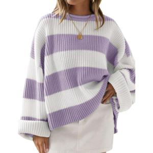 imageZESICA Womens 2025 Fall Long Sleeve Oversized Striped Color Block Comfy Loose Crew Neck Knitted Pullover SweaterLightpurple