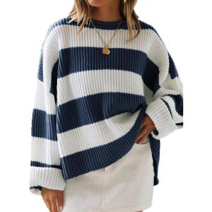 imageZESICA Womens 2025 Fall Long Sleeve Oversized Striped Color Block Comfy Loose Crew Neck Knitted Pullover SweaterNavy