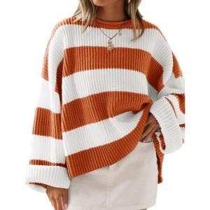 imageZESICA Womens 2025 Fall Long Sleeve Oversized Striped Color Block Comfy Loose Crew Neck Knitted Pullover SweaterOrange