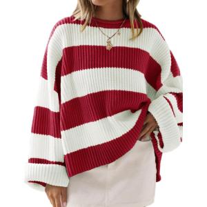 imageZESICA Womens 2025 Fall Long Sleeve Oversized Striped Color Block Comfy Loose Crew Neck Knitted Pullover SweaterRed