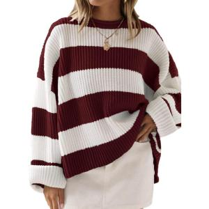imageZESICA Womens 2025 Fall Long Sleeve Oversized Striped Color Block Comfy Loose Crew Neck Knitted Pullover SweaterWine
