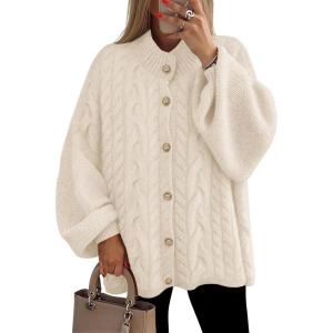 imageZESICA Womens Button Down Cardigan Sweaters 2025 Fall Lantern Long Sleeve Mock Neck Chunky Knit Outerwear CoatApricot