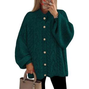 imageZESICA Womens Button Down Cardigan Sweaters 2025 Fall Lantern Long Sleeve Mock Neck Chunky Knit Outerwear CoatDarkgreen