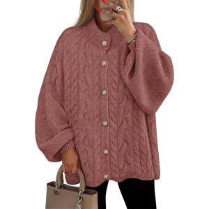 imageZESICA Womens Button Down Cardigan Sweaters 2025 Fall Lantern Long Sleeve Mock Neck Chunky Knit Outerwear CoatDustypink