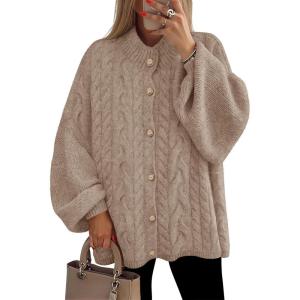 imageZESICA Womens Button Down Cardigan Sweaters 2025 Fall Lantern Long Sleeve Mock Neck Chunky Knit Outerwear CoatKhaki