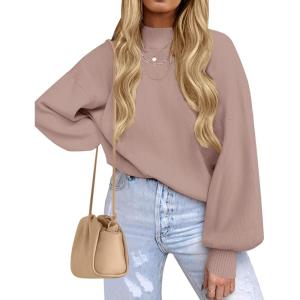 imageZESICA Womens Casual Turtleneck Long Lantern Sleeve Fall 2025 Oversized Ribbed Knit Pullover Sweater Jumper TopAlmond
