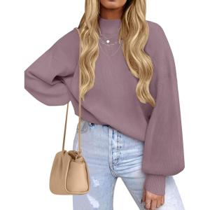 imageZESICA Womens Casual Turtleneck Long Lantern Sleeve Fall 2025 Oversized Ribbed Knit Pullover Sweater Jumper TopDarkviolet